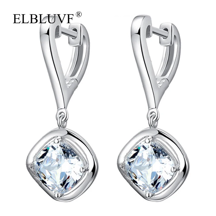 

ELBLUVF Free Shipping Jewelry Copper Alloy Zircon S925 Silver Plated Diamond Shape Dangle Earrings, White gold