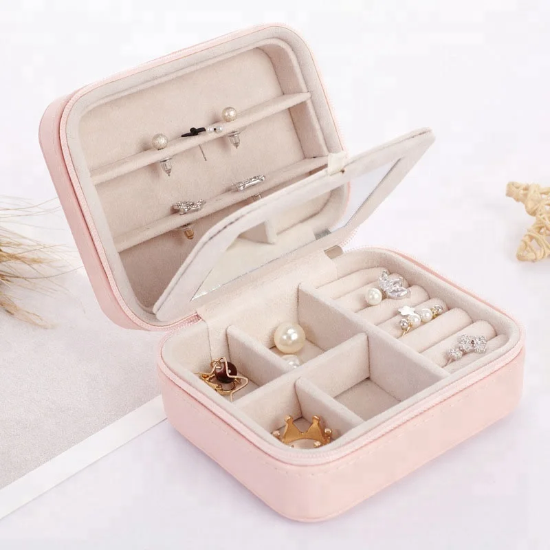 

Women's Mini stud earrings rings Jewelry Box Useful Makeup Organizer With Zipper Travel Portable Jewelry Box, Blue/pink