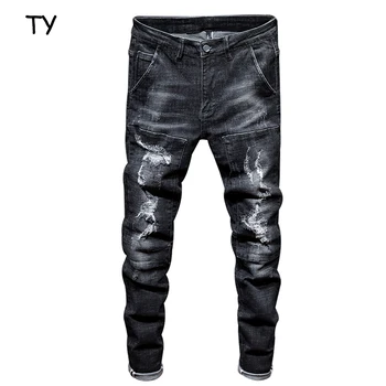 Damaged Washed Fashion Ripped Denim Jeans Mens Cotton Warm Rotten Holes ...