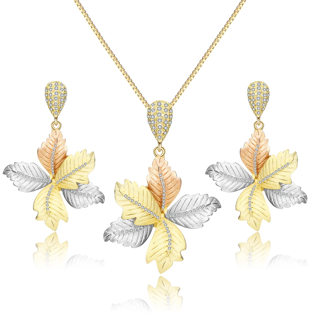 

Mytys Wholesale High Quality Flower Leaf Jewelry Sets Charms Necklace Earrings Sets CN473 CE518, Tricolor