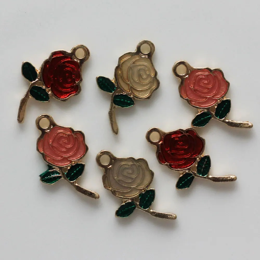 

Wholesale 100PCS Rose Flower Enamel Alloy Charms Gold Tone Plated Oil Drop Floral Pendant For DIY Ornament Accessories Craft, Muti color