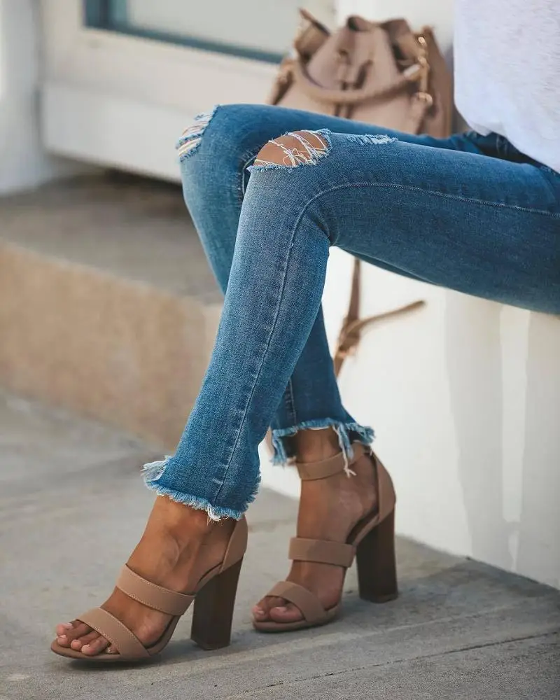 

Women's jeans elastic summer new hole irregular bottom female denim jeans ripped slim trousers ladies European American size