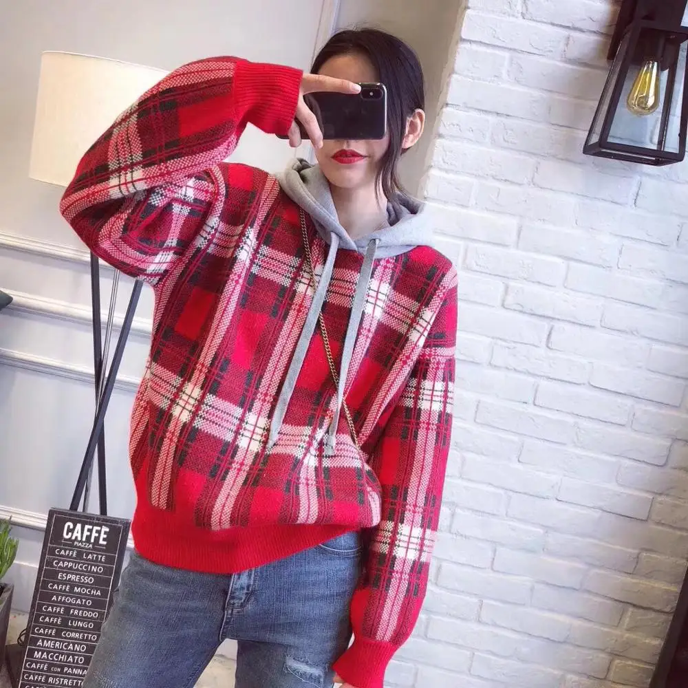 

2018 winter latest long sleeve plaid women high quality knitted hoodie pullover sweaters ladies fashion jumpers, Red;pink