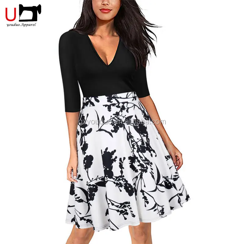 

Elegant Floral Printed V Neck Half Sleeve Splice Woman Casual Designs Flower Dress, Blue;white;dot;black;customized