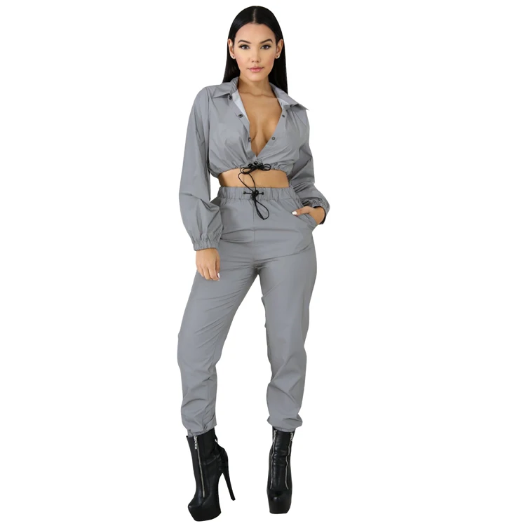 

Supply Blank Reflective Elastic Band Tracksuit For Women, Gray