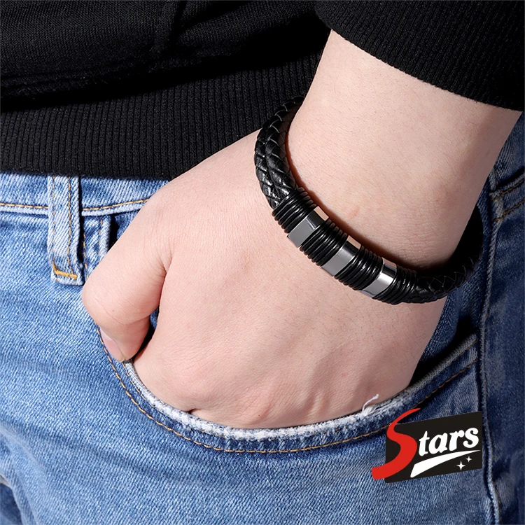 

Trendy Braided Leather Bracelets Men Stainless Steel Leather Bangle Bracelet