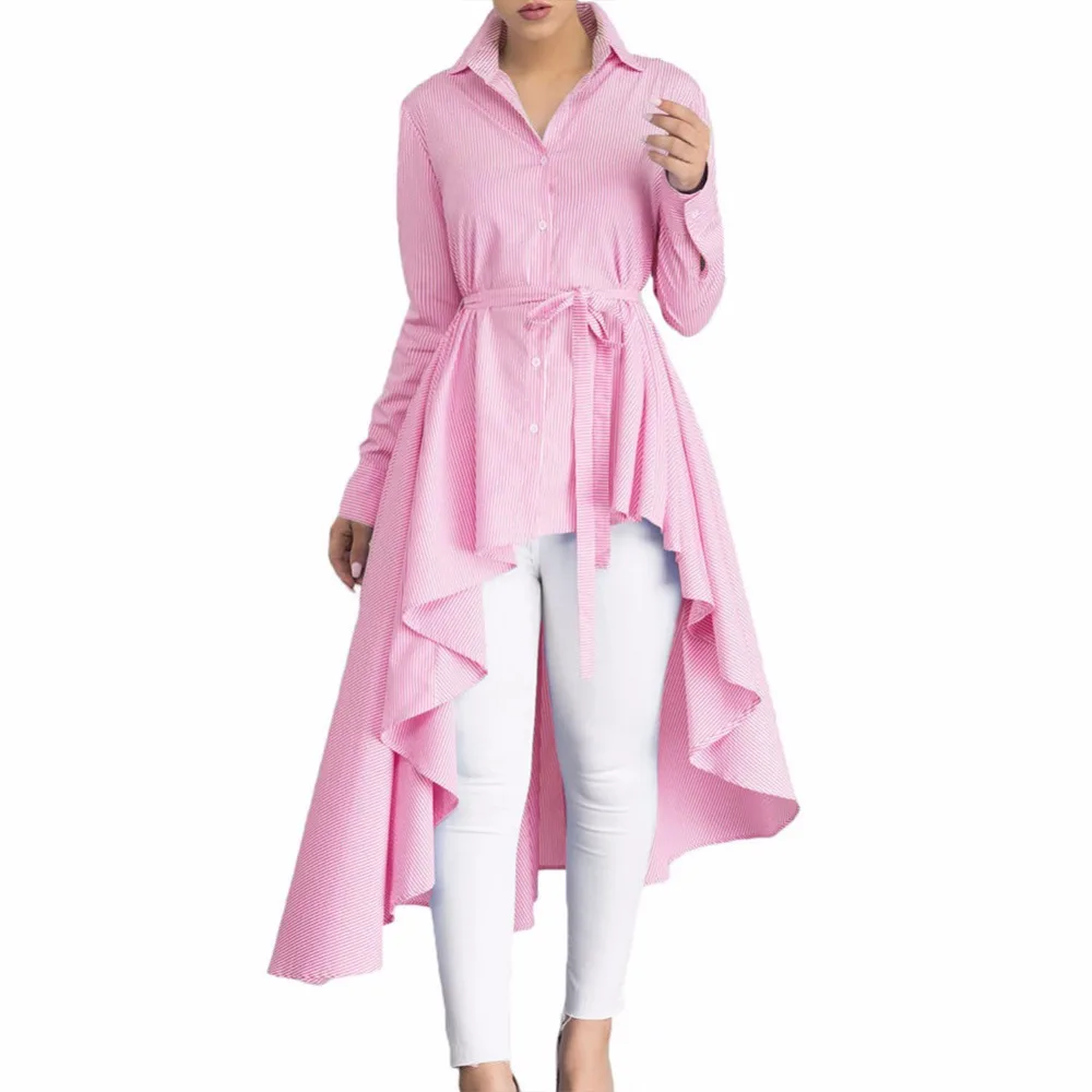 

Wholesale Ladies Long Sleeve Front Short And Long Back Collar Shirt Dress Plus Size Pink Gray Blue Striped T Shirt Women