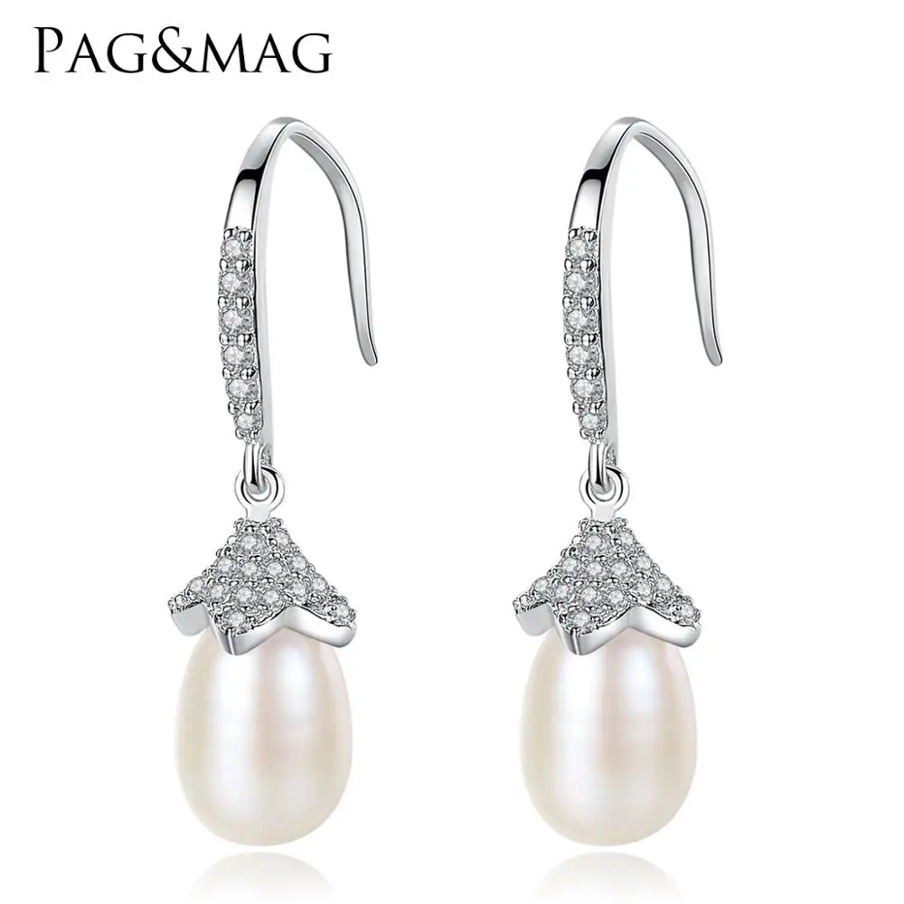 

PAG&MAG Fancy Flower Shaped S925 Silver Jewelry Freshwater Pearl Dangling Drop Earrings