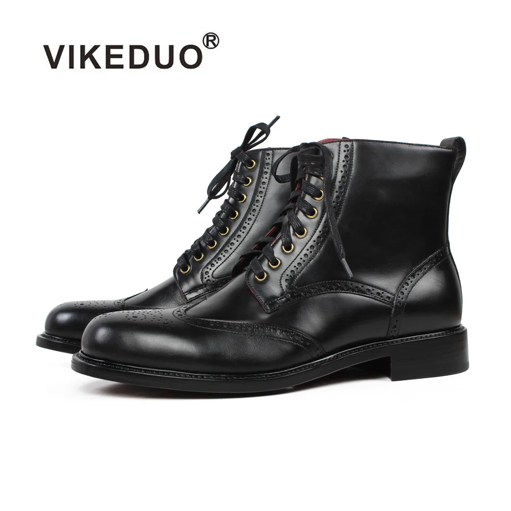 

VIKEDUO Hand Made Black Construction Welted Male Boots Hand-Painted Mens Leather Goodyear Welt Shoes Mens Dress Shoes