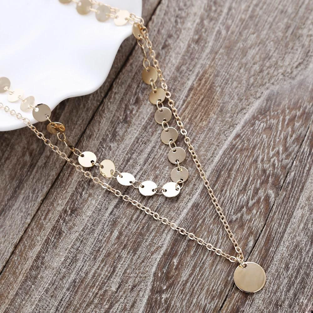 New Fashion Women 2 Layer Round Collar Necklace Jewelry Multilayer Sequins Choker Necklace Gifts Jewelry