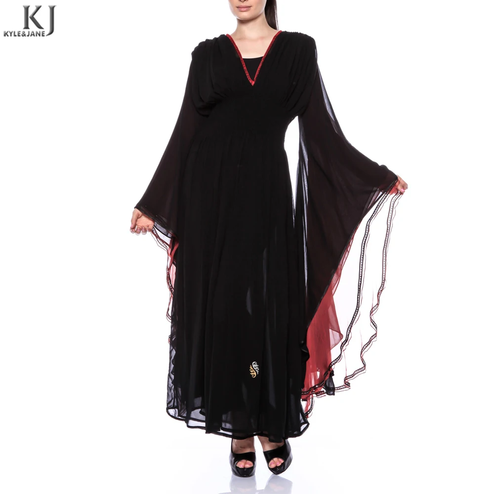 

fashion high quality trumpet sleeves islamic clothing black moroccan dubai royal kaftan long dress chiffon caftan muslim dress