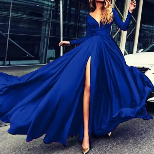 

254360 front slit Long Evening Dress deep V for women
