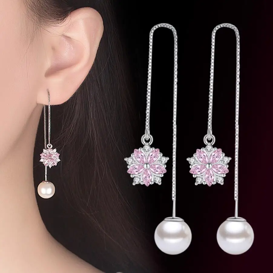 

2018 new Pink zircon cherry blossom ear line flower long earring for women
