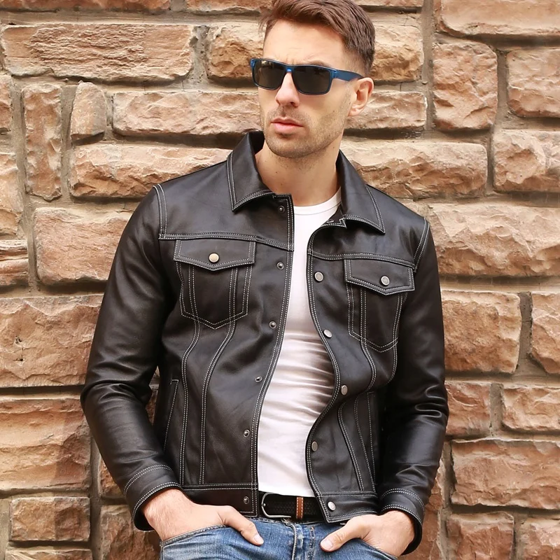 Wholesaler Men's Blue Genuine Lambskin Casual Fashion Leather Jacket men Autumn and Spring