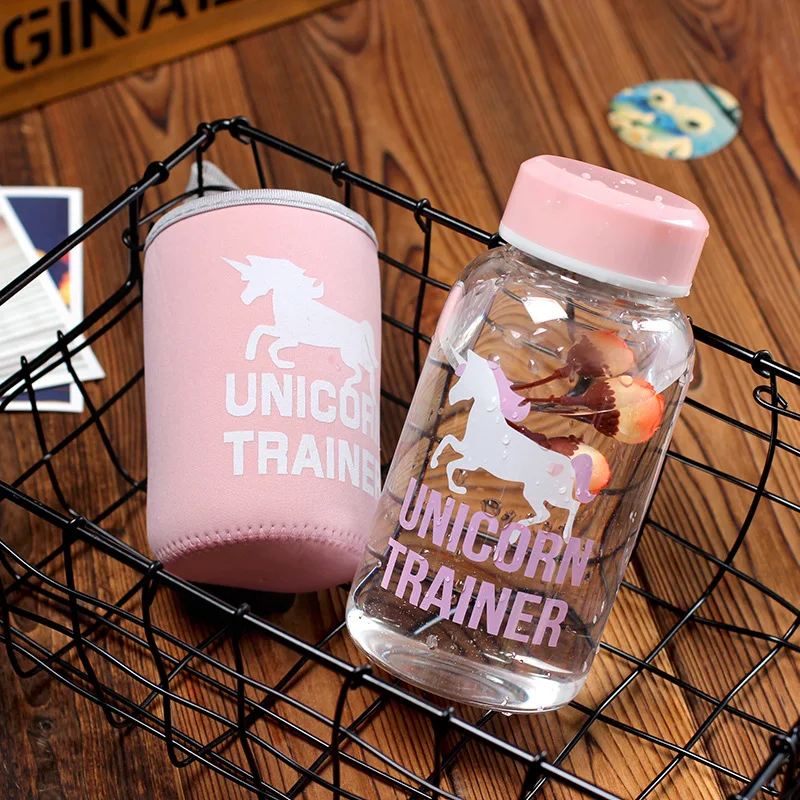 

600ml Cartoon Unicorn Glass Water Bottle with Cloth Protection Cover Include Tea Infuser Christmas New Year Gifts, Pink