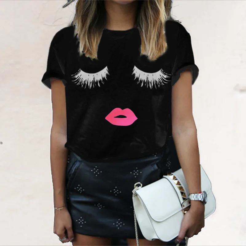 

White Short Sleeve Eyelash Lip Print T Shirt POLYESTER Girls Cute Tees Top for Summer