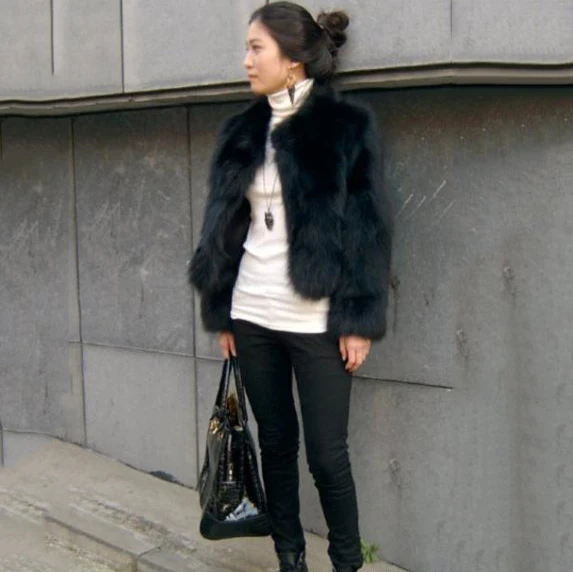 Подлинная лисий мех куртка женщины пальто леди естественная мех полный рукав частей черный цвет зима леди короткая пальто