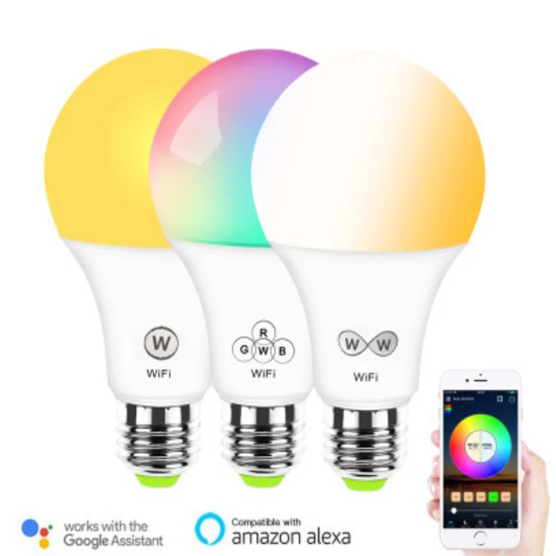 High bright full color changing A60 5w 10w RGBW wifi led light E27 B22 E14  smart led bulb compatible with Alexa google home