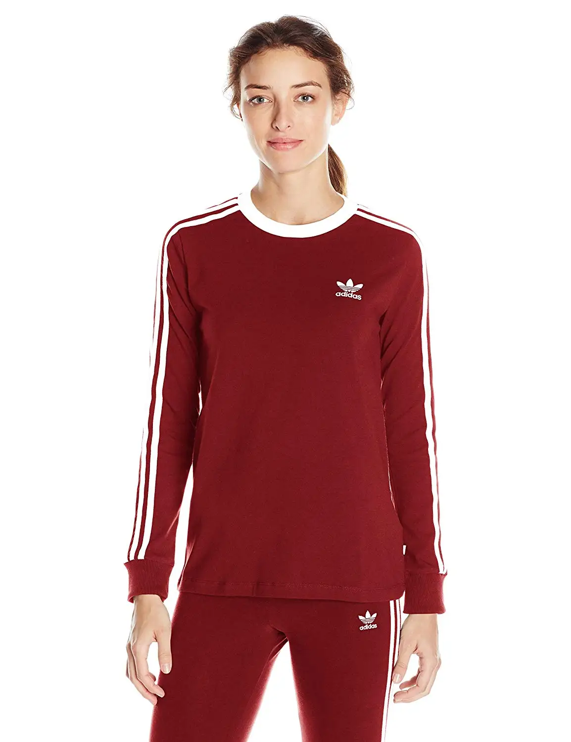 adidas originals three stripe long sleeve top in burgundy