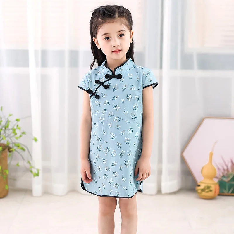 
baby cheongsam summer children baby ethnic style flower girls clothing dress plate button Chinese dress qipao 