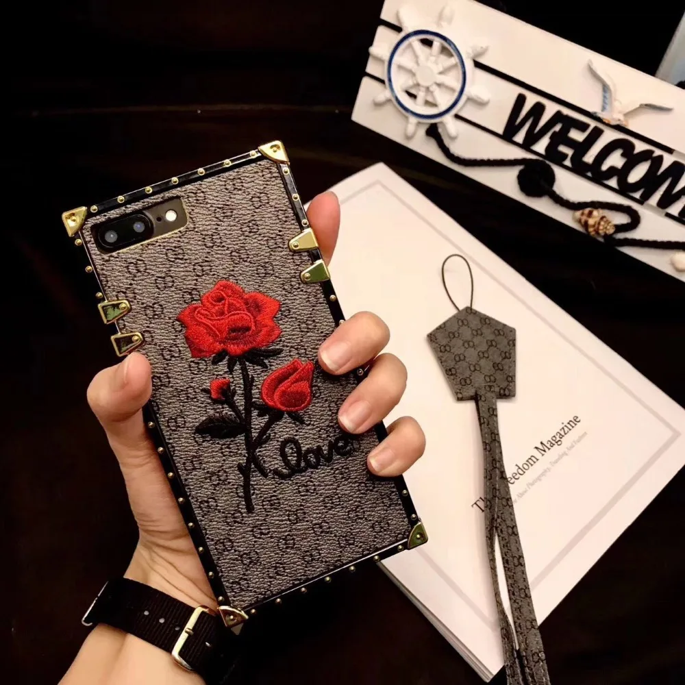 New design Luxury Rose embroidery case for iphone X Women fashion brand case with shoulder strap