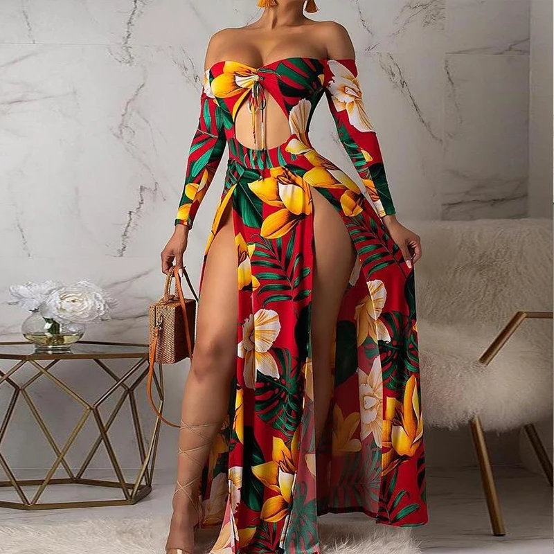 

S3518 Off Shoulder Floral Print Slit Maxi Dress
