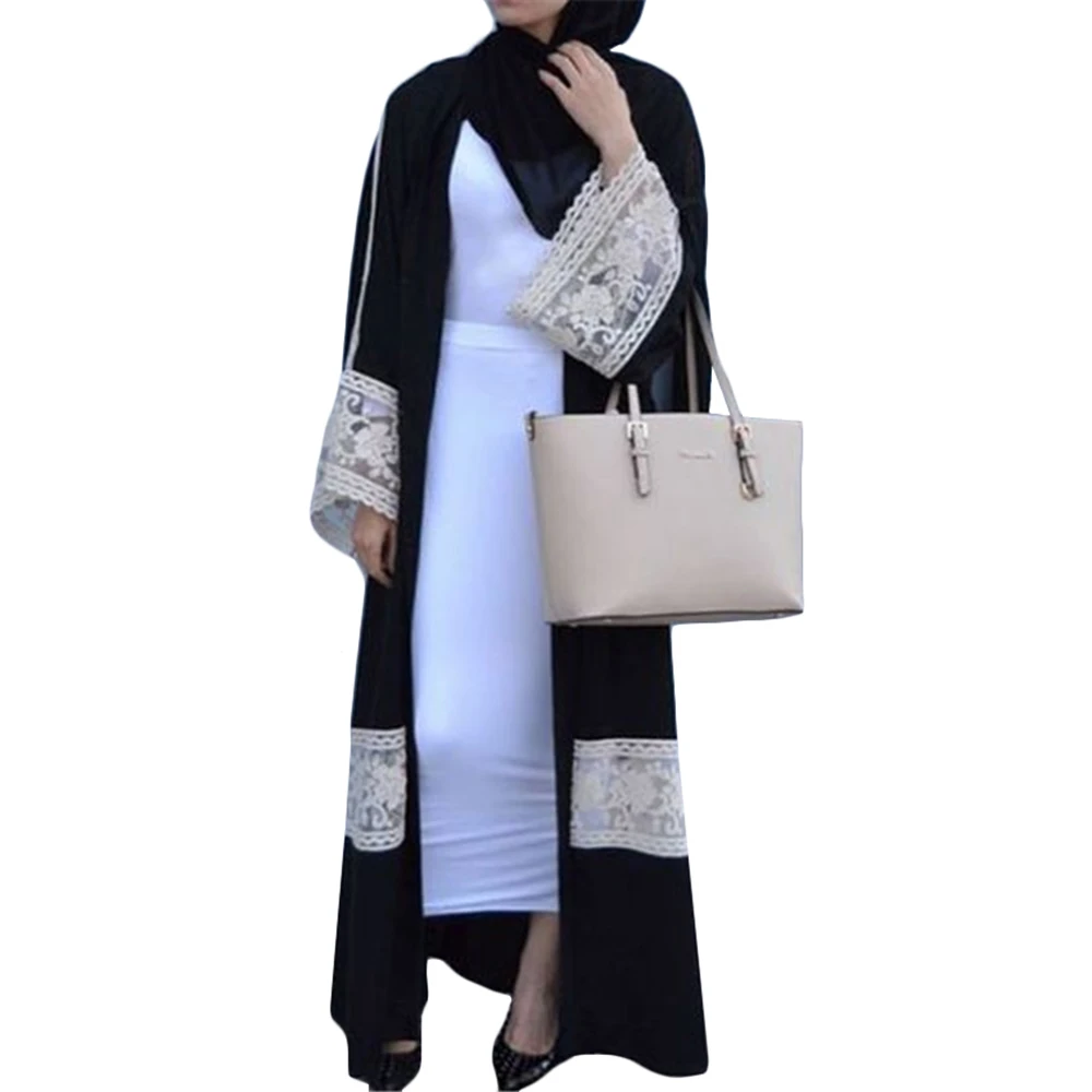 

Latest burqa design dubai open abaya with belt top quality maxi jubah kimono islamic ladies wear black dubai lace open abaya