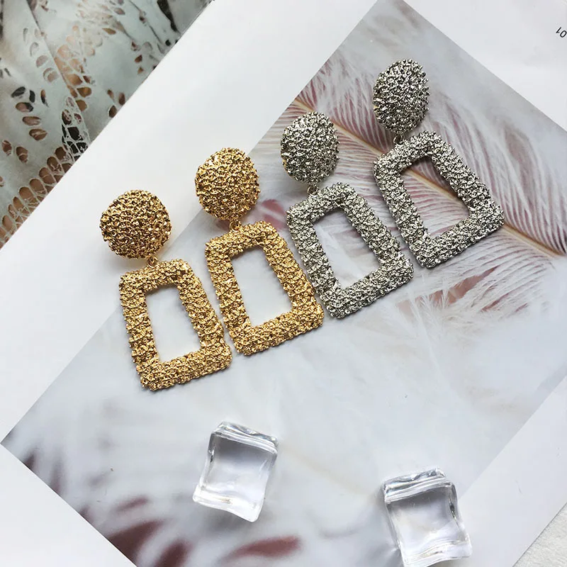 

2019 New Arrival Big Geometric Trapezoid Emboss Piercing Dangle Earrings Gold Tone Metal Square Drop Earrings For Girls, As picture