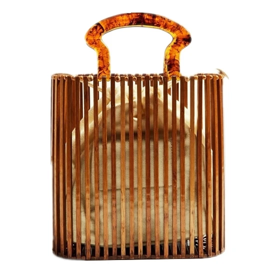 

new style bamboo charcoal bag beach tote with acrylic top handle hollow out clutch, Natural