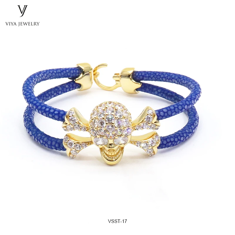 

Free Shipping Popular Genuine Stingray Leather Bracelet Diamond Skull Bangles