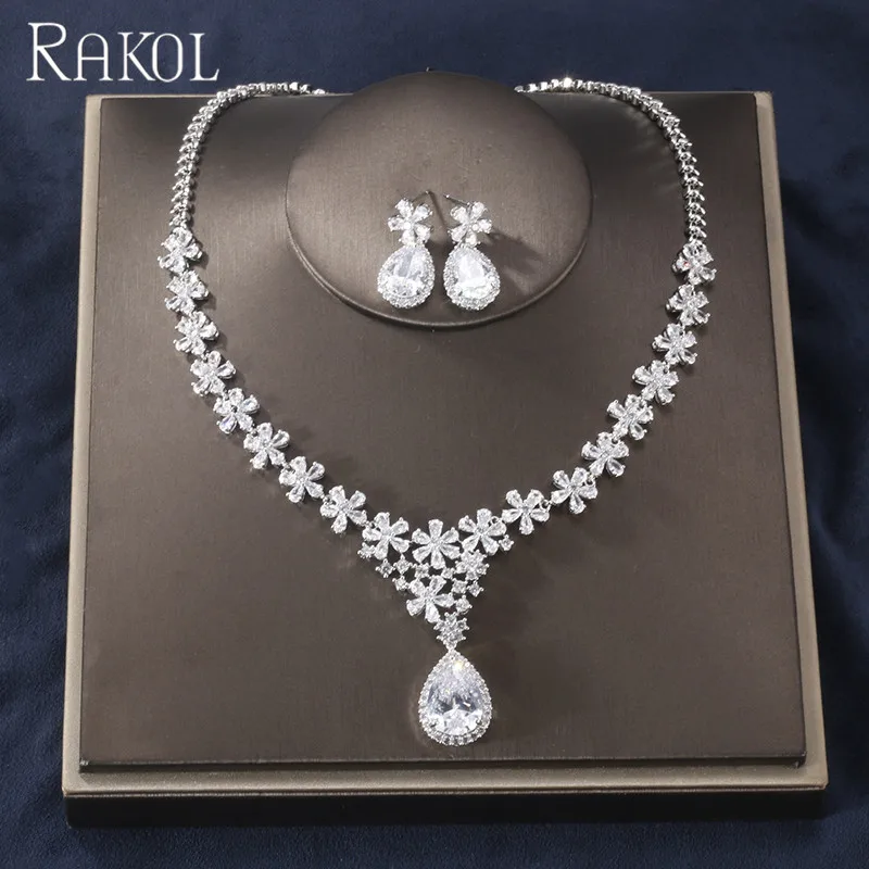 

RAKOL S445 Fashion Jewelry Top Quality Luxury Cubic Zirconia Diamond Bridal Wedding Jewelry Sets Necklace Women S445, As picture