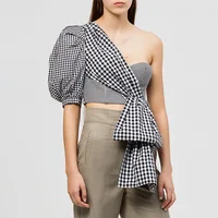 

2019 Latest ladies sexy one shoulder clothes women puffy sleeve crop top summer grid shirt tube top balloon sleeve blouse