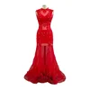 Elegant Red High Neck Evening Dress 2019 Lace Applique Party Gowns Prom Dresses for Recepation