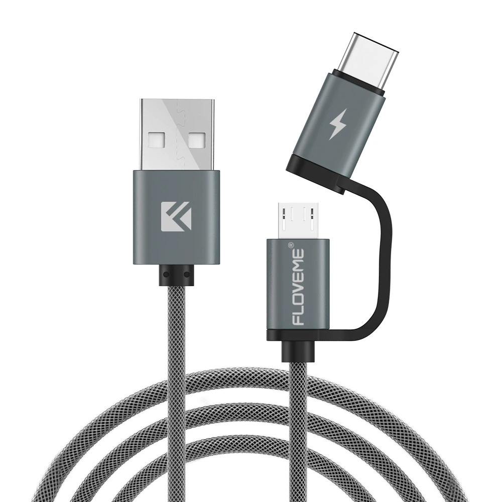 

Free Shipping 1 Sample OK QC 3.0 USB Cable FLOVEME Micro USB and Type C Cable Fast Charging 2 in1 Mobile Phone Cable, Gray