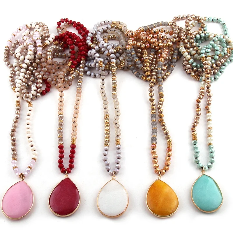 

6mm 150cm Long Knotted Stone Drop Pendant Necklace Women Ethnic Handmade Multicolor Crystal Glass Double wrap Necklace