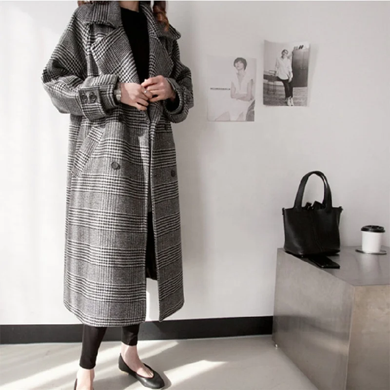 
Add More Cotton Cloth Overcoat Female Woolen Cloth Dust Coat Big Yards Long Grid Winter Coat 