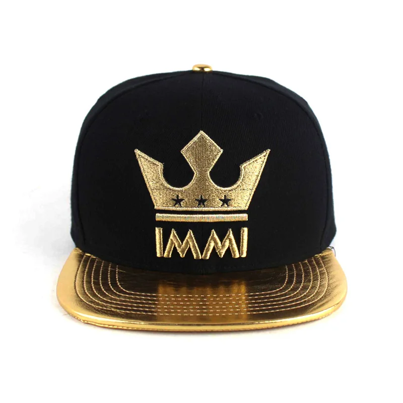 Custom Leather Brim Hat Gold Metallic Thread Embroidery Snapback Cap ...