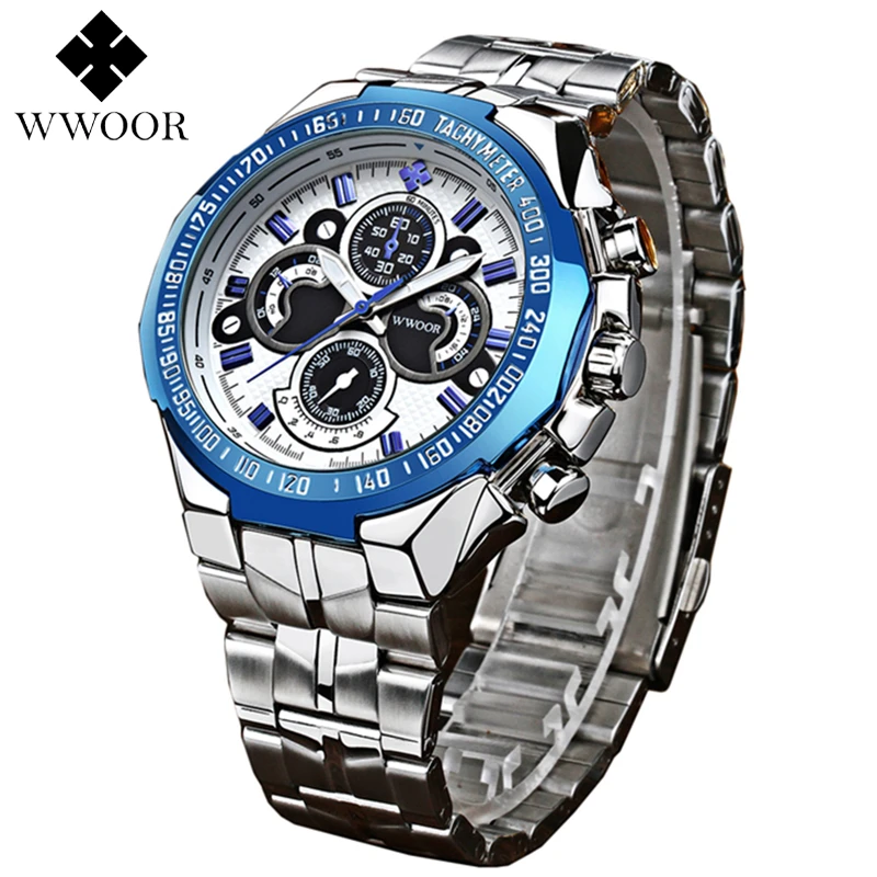 

WWOOR 8013 Silver Steel Luminous King Quartz Chronograph Men Watch Fashion Analog Waterproof Man Watch relojes hombre, 3color