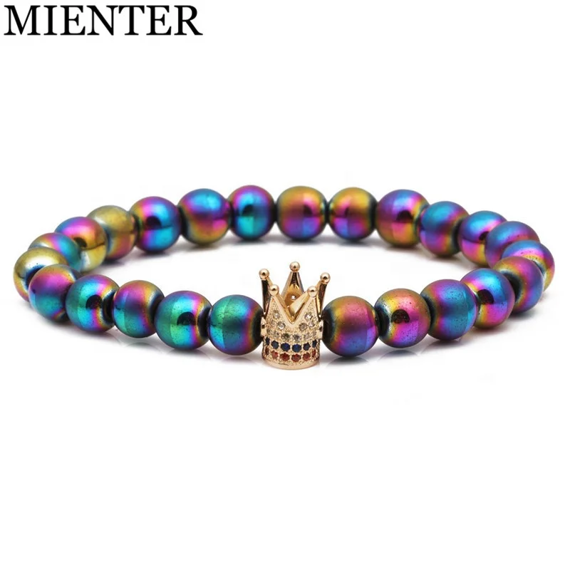 

Wholesale women men unisex hematite beads beaded natural stone CZ crown bracelet, Picture
