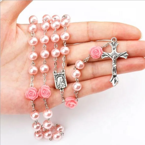 

Wholesale Catholic Religious Rosary Necklace, Pearl Glass Bead Long Pendant Necklace with Cross, Picture show