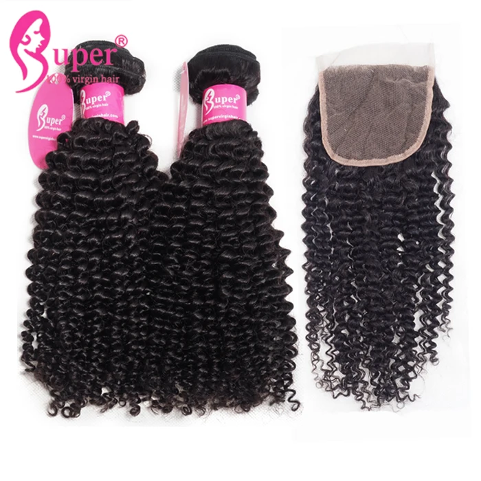 

Double Drawn Raw Cambodian Human Hair Weave 9A Kinky Curly 3 Bundles With Closure