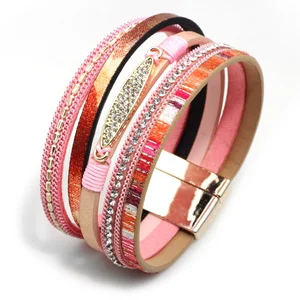 Bohemia women crystal rhinestone paved alloy charm layers leather bracelets with magnetic clasp