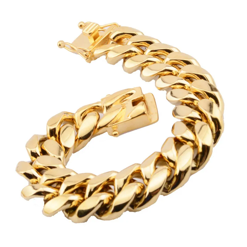 

Wholesale 14K Gold Plated Stainless Steel Miami Cuban Link Bracelets for Mens HipHop Jewelry