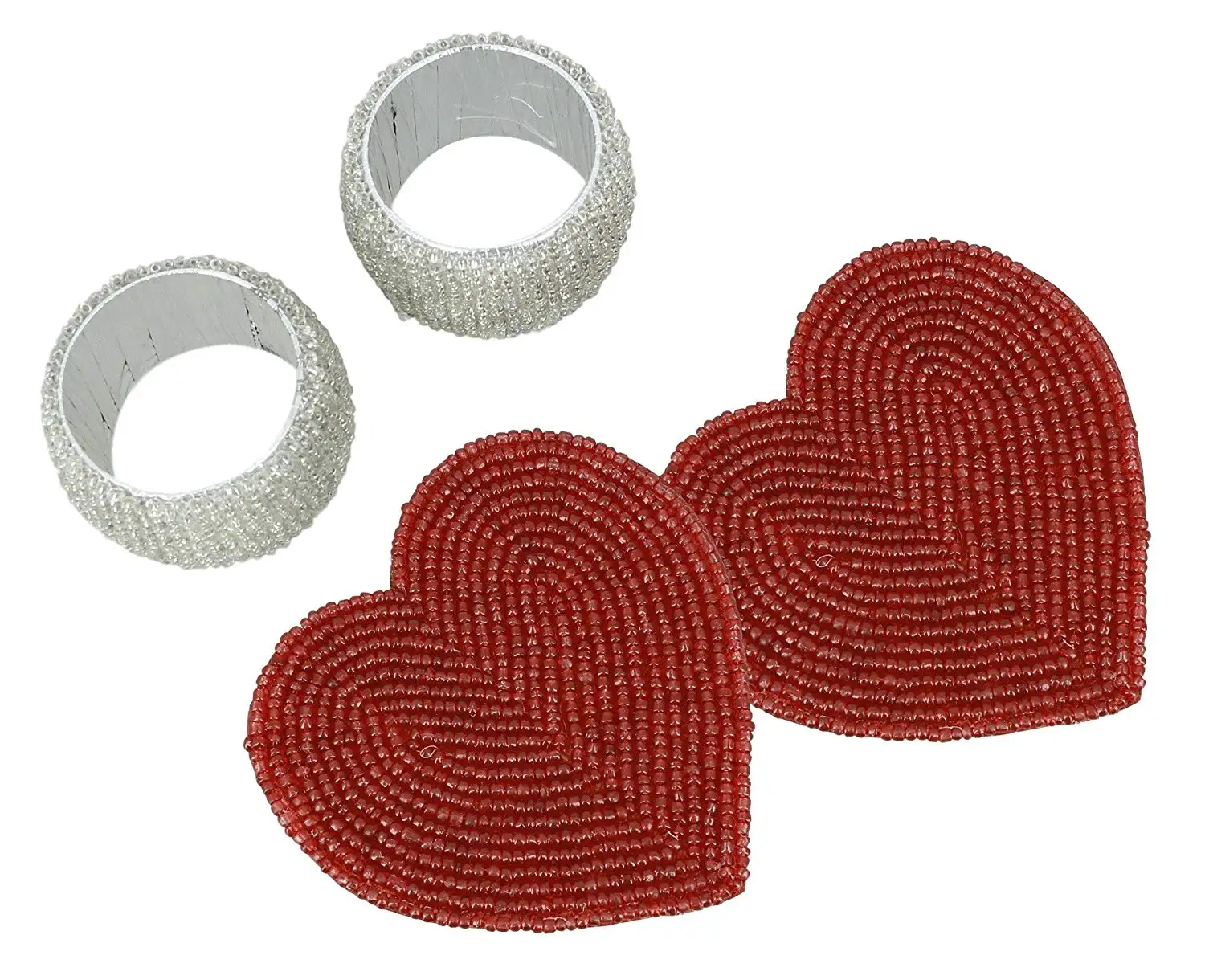4 Coasters Handmade Beaded Heart Coaster Set With 6 Red Heat-Resistant Polyester Backing /& Genuine Glass Beads