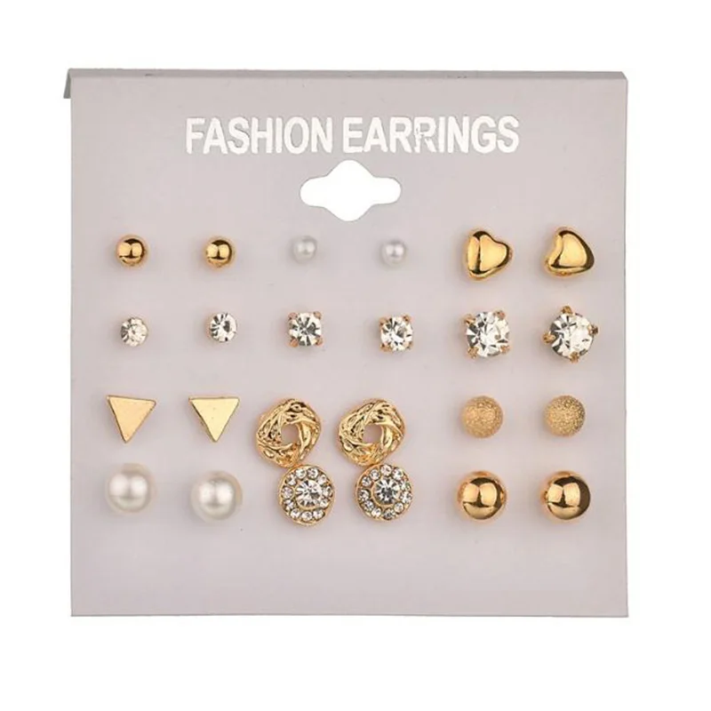 

GER001 Free Shipping Ladies Square Crystal Heart Earrings Fashion 12 pair/set Pearl Stud Earring Gift Set, N/a