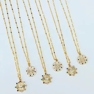 colorful rainbow cz paved round coin signet pendant necklace