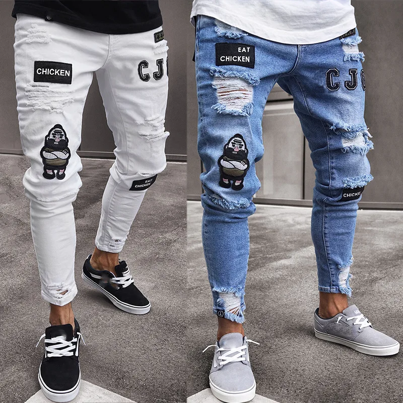 Men Ripped Skinny Biker Embroidery Jeans Destroyed Hole Slim Fit Denim Scratched Jeans Trousers