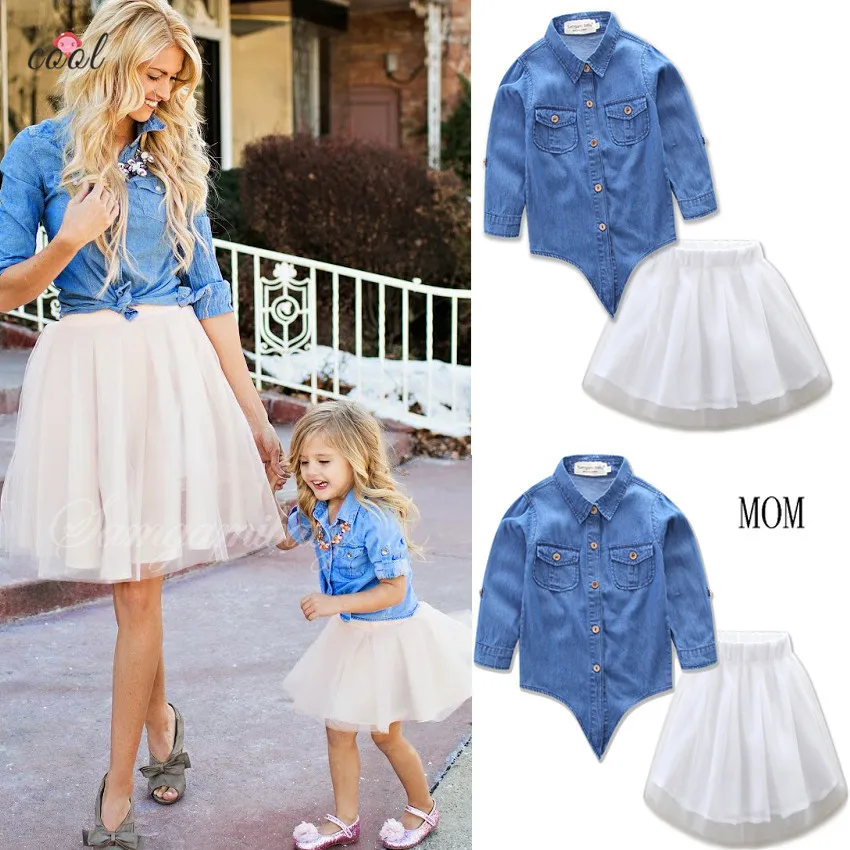 

New 2018 European mother and daughter matching outfits with Denim Coat+tutu Dress 2 Pcs