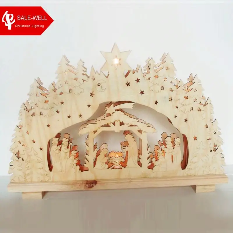 manufacture Wood Carving Christmas Ornament Engraved Lights with nativity set,Wooden Window Bridge Light Led