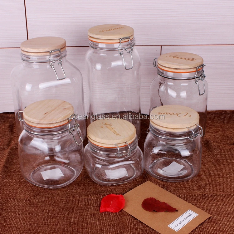 

Home Storage mason wooden lid Jar 500ml 750ml 1000ml 1500ml Glass Container with Metal Clip, Transparent